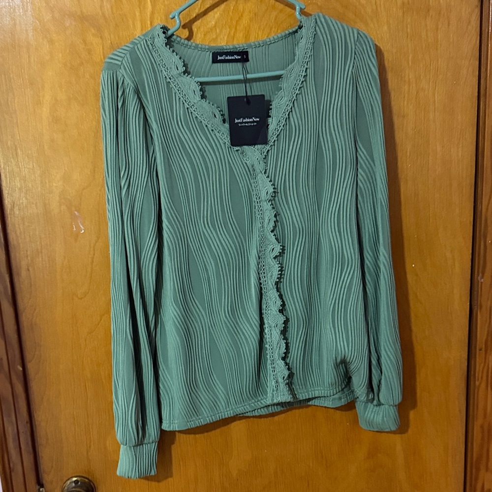 Textured Sage Green Blouse with Lace Trim